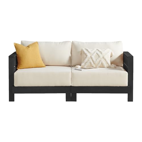 Alaterre Furniture Barton Outdoor Patio Loveseat - Weather-Resistant Eucalyptus Wood Outdoor Loveseat with Thick Cream Cushions - 2 Seater Patio Sofa for Garden, Porch, Deck, or Poolside (Black)