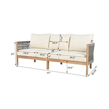 Christopher Knight Home Havets 77"W Outdoor 3 Seater Sofa, 6" Thick Cushion Couch, Acacia Wood Bench Sofa, Comfy Woven Rope Armchair, Spacious Seating Bench Couch for Backyard Garden Porch, Gray+Beige