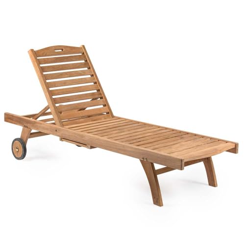 TITAN GREAT OUTDOORS Ash & Ember Hawthorne Grade A Teak Reclining Lounge Chair, Four Adjustable Backrest Positions, Pull-Out Tray, Outdoor Weather-Resistant Sun Chaise Lounger with Wheels