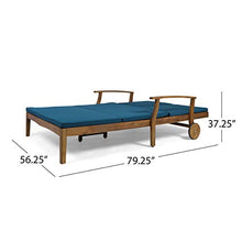 Christopher Knight Home Samantha Double Chaise Lounge for Yard and Patio, Acacia Wood Frame, Teak Finish with Blue Cushions
