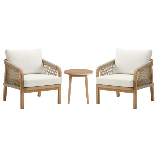 Alaterre Furniture Lusso 3 Piece Outdoor Patio Furniture Set - Weather-Resistant Eucalyptus Wood Patio Table and Chairs Set of 2 - Modern Outside Furniture Set for Porch, Deck, or Poolside (Natural)