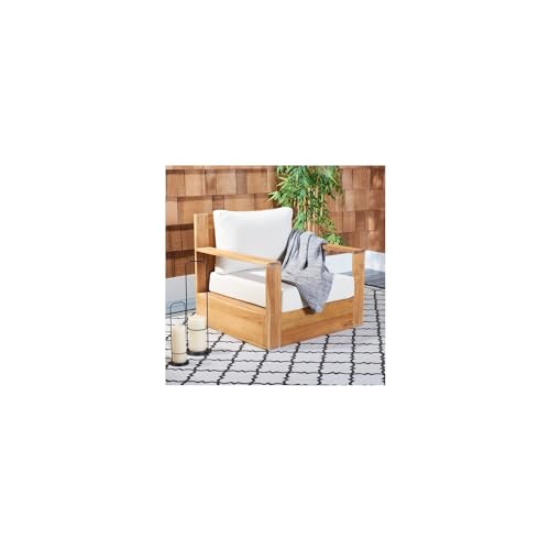 Safavieh Outdoor Couture Kauai Natural Solid Teak Wood Patio Chair with Beige Cushion