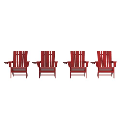 Taylor & Logan Hedley Adirondack Chair with Cup Holder, Weather Resistant HDPE Adirondack Chair in Red, Set of 4