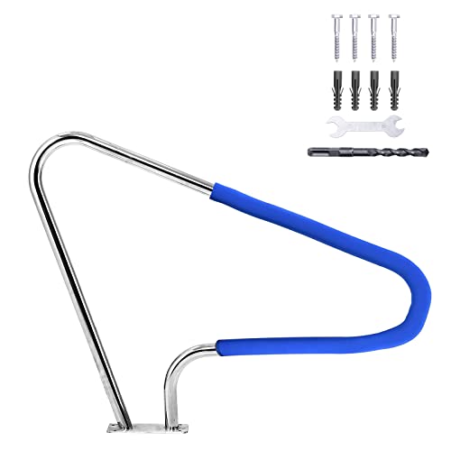 FinerFurnis Heavy-Duty 304 Stainless Steel Pool Handrail for Inground Pools, 48" x 36", 370LBS Capacity, Non-Slip Blue Grip, Rustproof Safety Rail with Full Mounting Kit