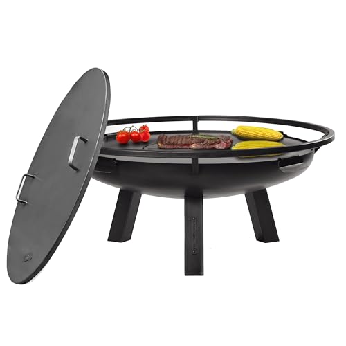 Ember 24" Cooking Fire Pit, Grill Plate and Cover Lid Attachment, Wood Burning for Backyard Grilling Campfire for Camping, Medium Outdoor Steel Firepit by Good Directions
