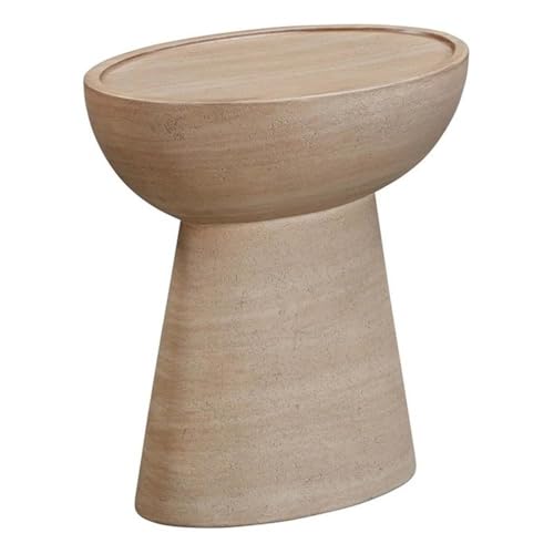 Pemberly Row Indoor/Outdoor Side Table, Faux Travertine Stone, Beige Finish, 18 in x 17.8 in x 12 in, Handmade Durable Patio End Table, Modern Eclipse Design for Living Room or Outdoor Spaces