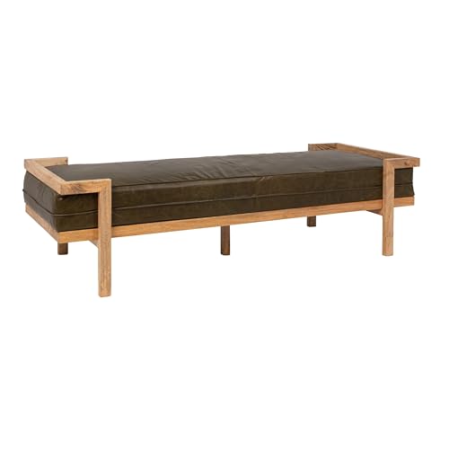 Creative Co-Op Extra-Long Mango Wood Daybed Bench with Distressed Leather Cushion, Natural and Green
