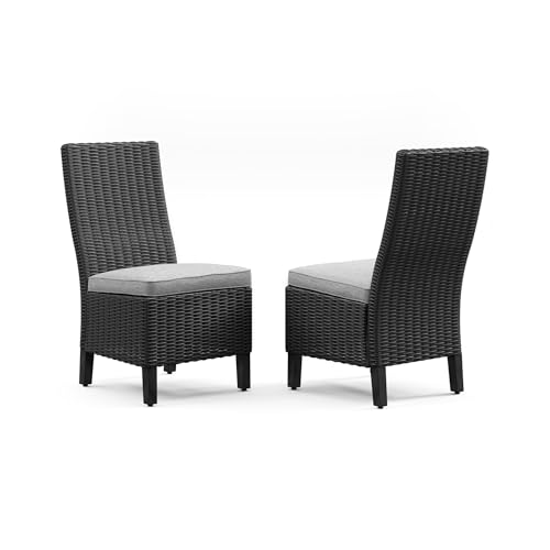 Signature Design by Ashley Beachcroft Casual Nuvella Weather Resistant Fabric Armless Outdoor Side Chair with Cushion, Set of 2, Light Gray & Black