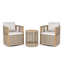 Christopher Knight Home Junna Acacia Wood Bistro Table and Chairs Set of 2, Outdoor Bistro Set with Rope Accent, Outdoor Side Table and Swivel Patio Chairs Set with Thick Cushions, Beige + Teak