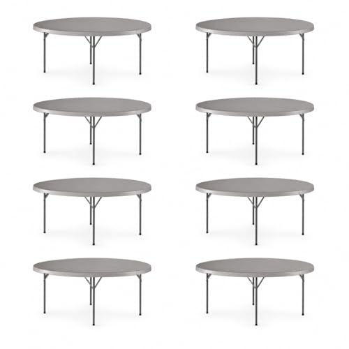 SHADOW TRADE 72 Inch Gray Round Folding Table, Heavy Duty Plastic Banquet Table with Gray Steel Legs, Blow Molded Portable Dining Table for Events, Parties, Catering, Indoor Outdoor Use (Set 8 Pack)