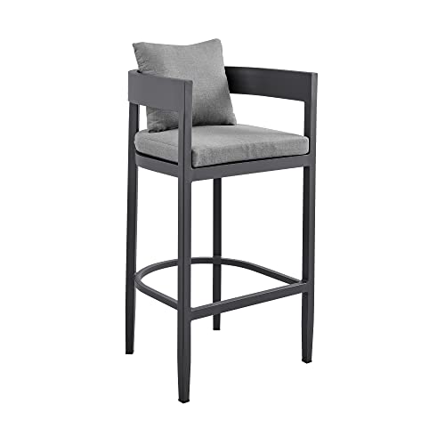 Armen Living Menorca Outdoor Patio Bar Stool in Aluminum with Grey Cushions