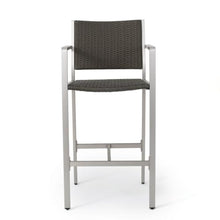 Homyee Stylish Outdoor Bar Height Pub Chairs w/Sturdy Metal Frame & Footrest for Poolside, Contemporary Aluminum Patio Bar Stools w/PE Rattan Back & Seat for Garden, Deck, Porch, Set of 2