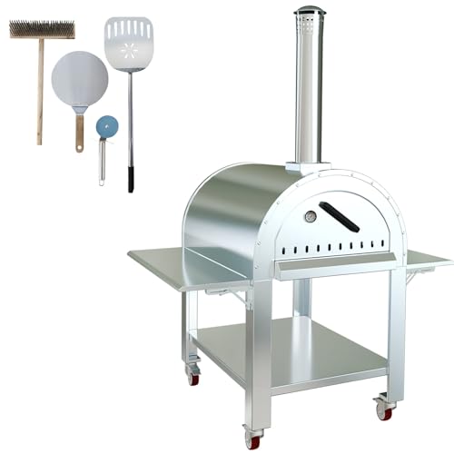 Wood Fired Pizza Oven, 32x46 Inch Outdoor Stainless Steel Pizza Maker with 160QT Capacity & Wheels for Backyard, Patio, Restaurant, Camping