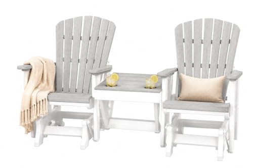 DutchCrafters Slat Fan Back Double Poly Adirondack Glider Outdoor Patio Chairs with Center Table (White & Light Gray)