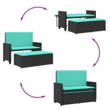KGTKGTYER Patio Bench with Cushions and Footstool, 2-in-1 Outdoor Loveseat Sofa Bed, PE Rattan Garden Furniture Set, Black