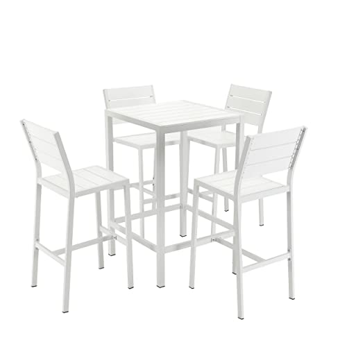 Benjara Kylo 43 Inch Bar Table Set, White Polyresin Backrests and Seats, Aluminum