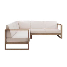 Linon Silas Natural Eucalyptus Outdoor Three Piece Sectional Sofa with Removable Weather Resistant Beige Cushions