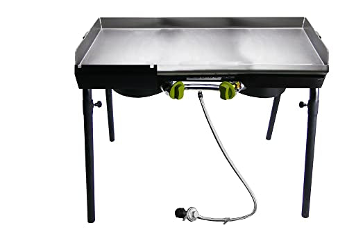 Bayou Classic Dual Patio Camp Stove w/Double Griddle Features Dual 6-in Cast Aluminum Burners 27-in Tall Cooker 13.5-in x 13.5-in Square Removable Griddle Perfect For Backyard Chefs Tailgates