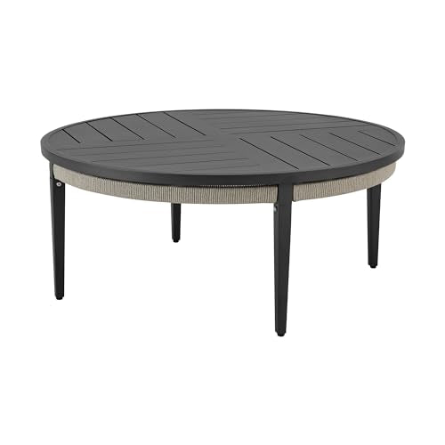 Armen Living Zella Round Coffee Table in Aluminum with Charcoal Finish and Light Gray Rope