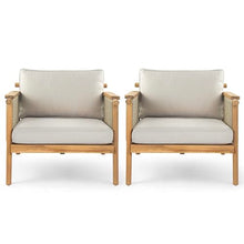 Merax Outdoor Acacia Wood Lounge Chair w/Cushions Set of 2, Patio Club Chair with Rope & Sturdy Wood Legs, All-Wearther Singe Sofa Chair for Porch, Lawn, Backyard, Balcony, Teak+ Beige