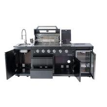 85 Inch Deluxe Stainless Steel Gas Outdoor Kitchen grill, 4-Burner 72000 BTU Barbecue Grill with Sink, Wine Cooler Compact Refrigerator, Granite Countertops, Storage Cabinets & Drawers, Black