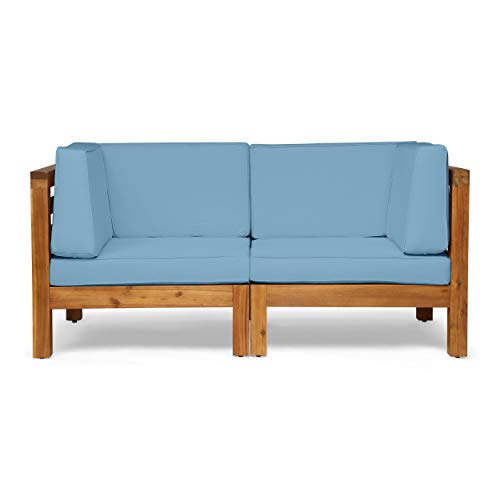 Great Deal Furniture GDFStudio Outdoor Sectional Loveseat Set 2-Seater Acacia Wood Teak Blue