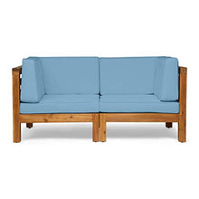 Great Deal Furniture GDFStudio Outdoor Sectional Loveseat Set 2-Seater Acacia Wood Teak Blue