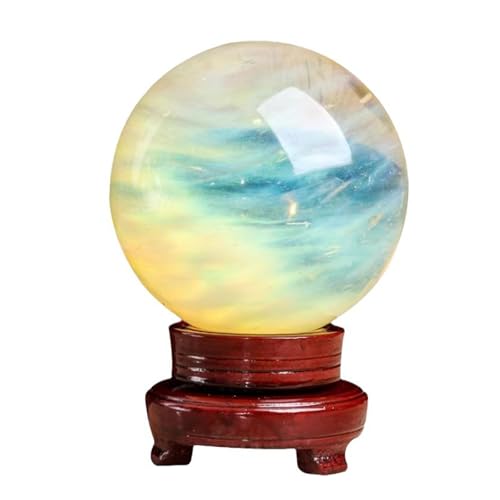 FOTCFATEV Crystal Sphere, Yellow Ball Melting with Wooden Stand Citrine Gemstone Divination Sculpture Figurine for Wealth Feng Shui,19cm/7.5in