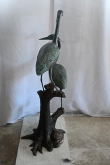 Nifao Heron Bird Pair on Driftwood Medium Bronze Statue, 25"L x 20"W x 52"H