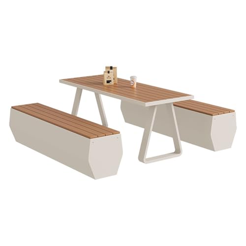 MJJRWF 3 Piece Outdoor Dining Set, Patio Table with 2 Benches, Seats 4-8 People, for Garden, Backyard, Poolside, Or Balcony(White,140x70x75cm)