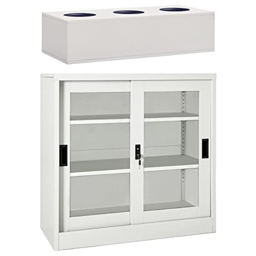 TEKGHUT Sliding Door Cabinet with Planter Box, Light Gray Steel Storage Cabinet with 2 Adjustable Shelves and Lock for DVDs, Books, Plants