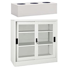 TEKGHUT Sliding Door Cabinet with Planter Box, Light Gray Steel Storage Cabinet with 2 Adjustable Shelves and Lock for DVDs, Books, Plants