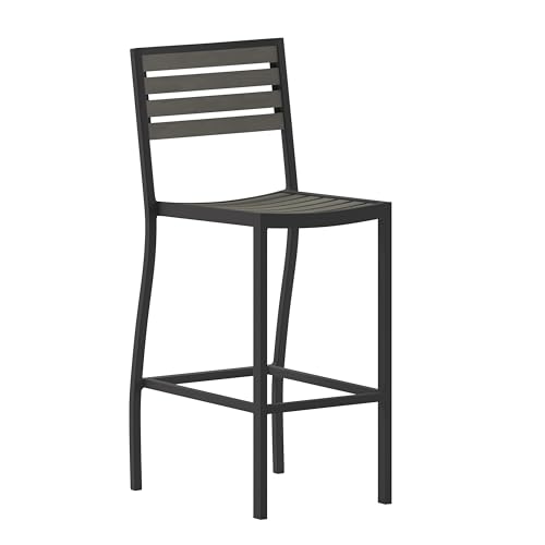 Flash Furniture Lark Commercial Grade Bar Height Stool, All-Weather Outdoor Bar Stool with Faux Wood Poly Resin Slats and Aluminum Frame, Gray Wash