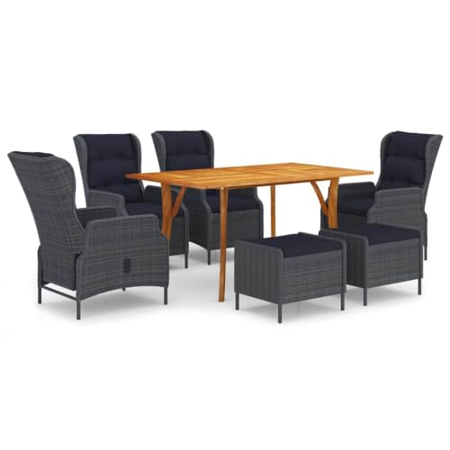 LPERTGFHU 7 Piece Patio Dining Set with Acacia Wood Table and Reclining PE Rattan Chairs, Dark Gray Outdoor Furniture for Garden, Backyard, and Patio