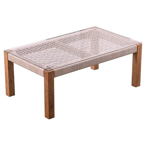 Afuera Living Modern Wicker Outdoor Cocktail Table, Acacia Frame with Glass Top and Rope Accents, Natural Finish, 39.5 in Wide, Weather-Resistant Design for Patio, Poolside, or Screened Porch Use