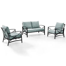 Afuera Living 3-Piece Outdoor Sofa Set, Steel Metal Frame, Oil Rubbed Bronze Finish, Mist Green UV-Proof Cushions, Includes Loveseat and 2 Chairs, Weatherproof Patio Conversation Furniture Set