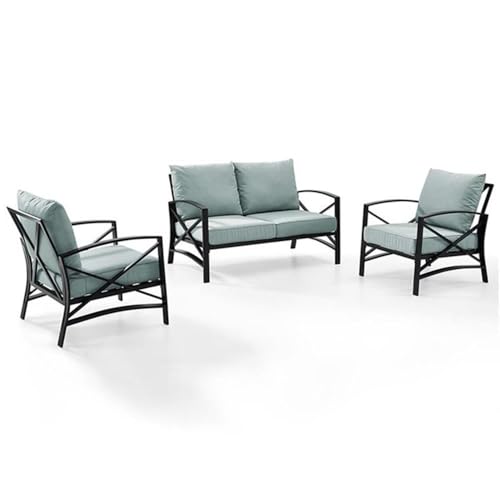 Afuera Living 3-Piece Outdoor Sofa Set, Steel Metal Frame, Oil Rubbed Bronze Finish, Mist Green UV-Proof Cushions, Includes Loveseat and 2 Chairs, Weatherproof Patio Conversation Furniture Set