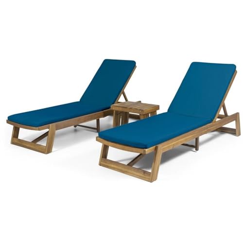 Noble House Kyoto Outdoor Wood 3-Pc Chaise Lounge Set Teak/Blue