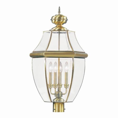 Livex Lighting 2358-01 Outdoor Post with Clear Beveled Glass Shades, Antique Brass