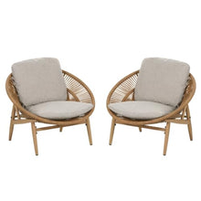 Papasan Style Faux Rattan Patio Lounge Chair w/Removable Cushions for Garden, All Weather Outdoor Accent Chair w/Ergonomic Curved Backrest & Wood Textured Iron Frame for Porch (Set of 2)