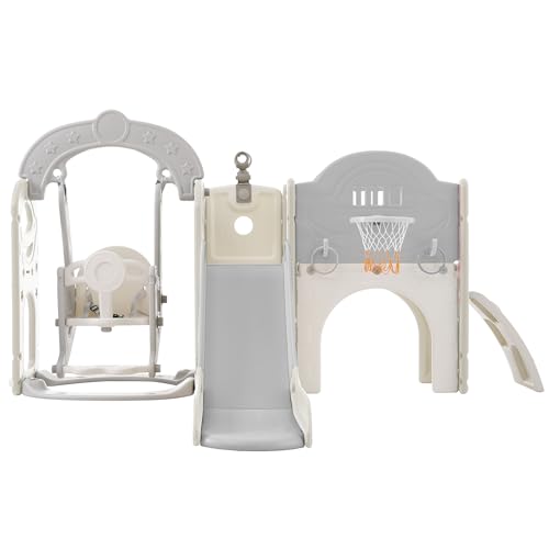 CUAUC 7-in-1 Toddler Slide & Swing Set with Basketball Hoop Grey+White