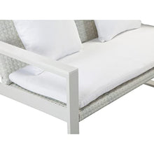 Benzara Lark 50 Inch Sofa and Table Set, All Weather Rattan, White Fabric Cushions
