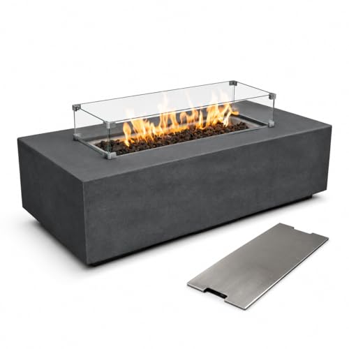 Golden Flame 55" Rectangle Beton Concrete Gas Fire Pit Bundle with Stainless Steel Burner Cover & Glass Wind Guard, 65,000 BTU Outdoor Fire Table, Push Button Ignition, Lava Rock Included - Graphite