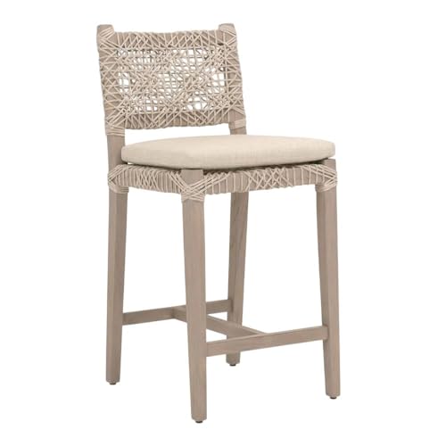 Outdoor Escape Beige Costa Counter Stool, Removable Seat Cushion, Solid Teak and Metal Frame, Ecru Weave, Patio Dining