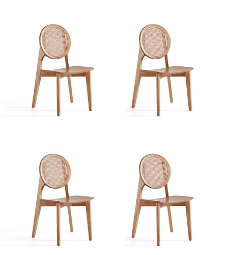 Manhattan Comfort Versailles Rattan Dining Chair, Wicker Round Backrest with Solid Ash Wood Frame, Mid Century Modern Fully Assembled Chairs, Set of 4, Natural