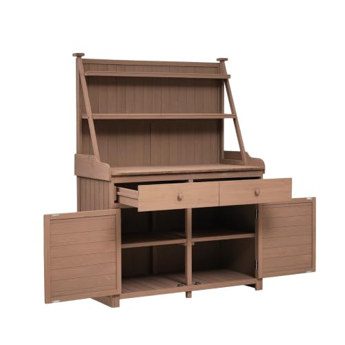 65 Inch Fir Wood Potting Bench Table with Storage Shelves Drawers Cabinet, Rustic Brown Outdoor Gardening Work Station with Anti-Tip Design for Backyard Patio Greenhouse Planting Use