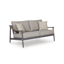Signature Design by Ashley North Island Outdoor Loveseat, Powder-Coated Aluminum Frame, UV-Resistant Nuvella Fabric Cushions, Contemporary Porch and Patio Seating, Gray/Wood Tones