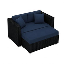 Golden Flame Outdoor Day Lounger with Matching Ottoman, All-Weather HDPE Wicker Patio Chaise Lounge with Plush Cushions, Powder-Coated Aluminum Frame, Deep Outdoor Seating - Spectrum Indigo