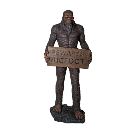 Pacific Giftware Standing Bigfoot with Beware of Bigfoot Sign Statue, Large Life-Size Sasquatch Indoor Outdoor Decorative Sculpture, Dark Brown Resin Figure 70.08" H