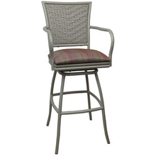 Pemberly Row Outdoor/Indoor Pub Set, 30 in Bar Height Stools with Arms, 36 in Round Table, UV Powder-Coated Beige Frame, Multi Sun Stripe Fabric, Durable Customizable Furniture for Patio or Bar Spaces